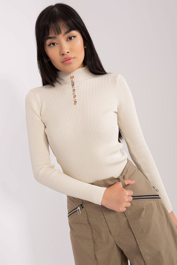 Fitted Long Sleeve Blouse, Ribbed Fabric & Subtle Zircon Embellishments