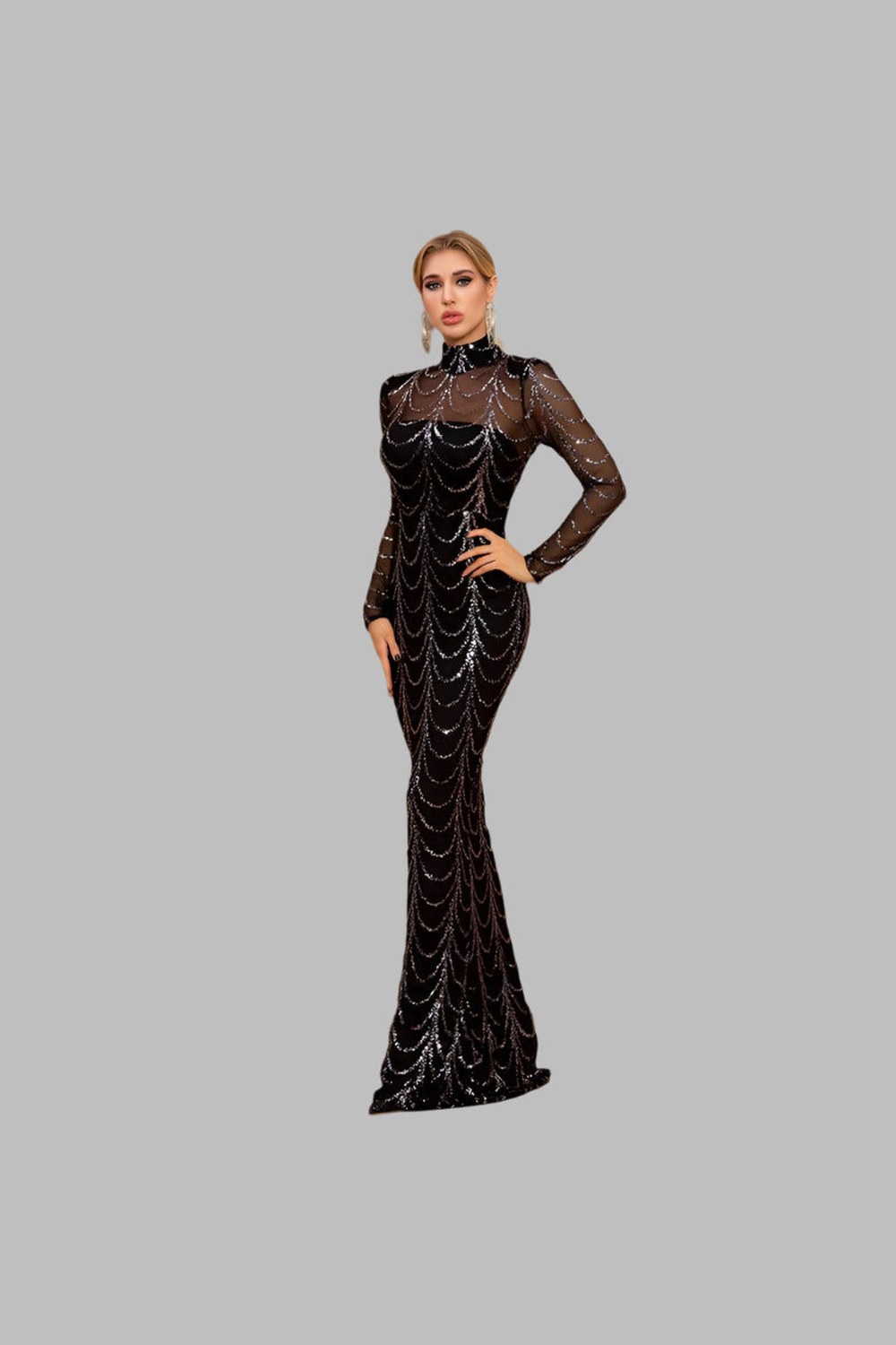 Sequins Long Sleeve Maxi Dresses -Black