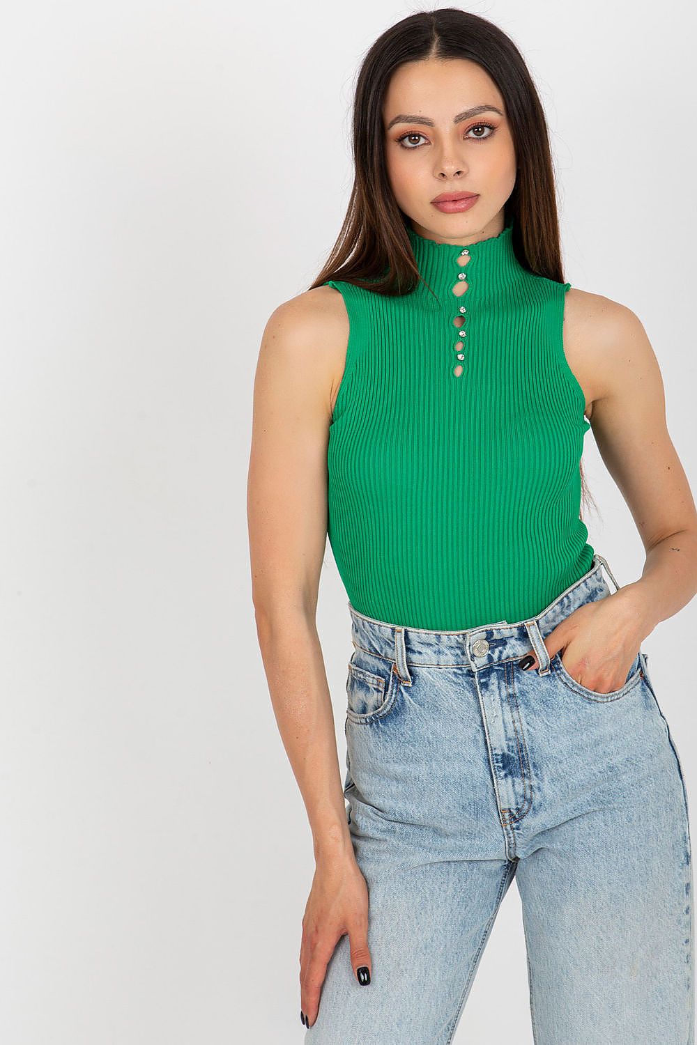 Sleek Sleeveless Turtleneck Blouse - green