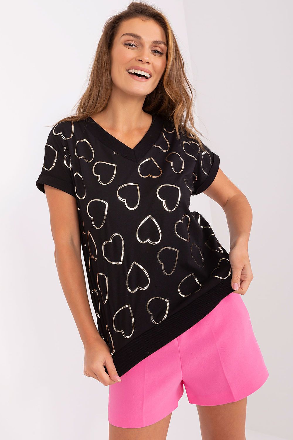 V Neck Short Sleeve Blouse - Black