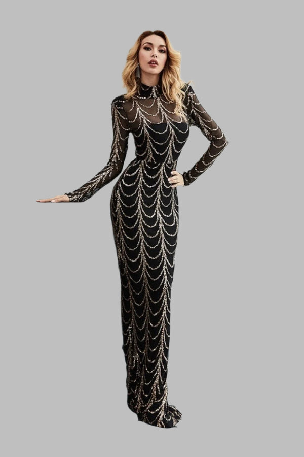 Sequins A Line Long Sleeve Maxi Dresses - Black