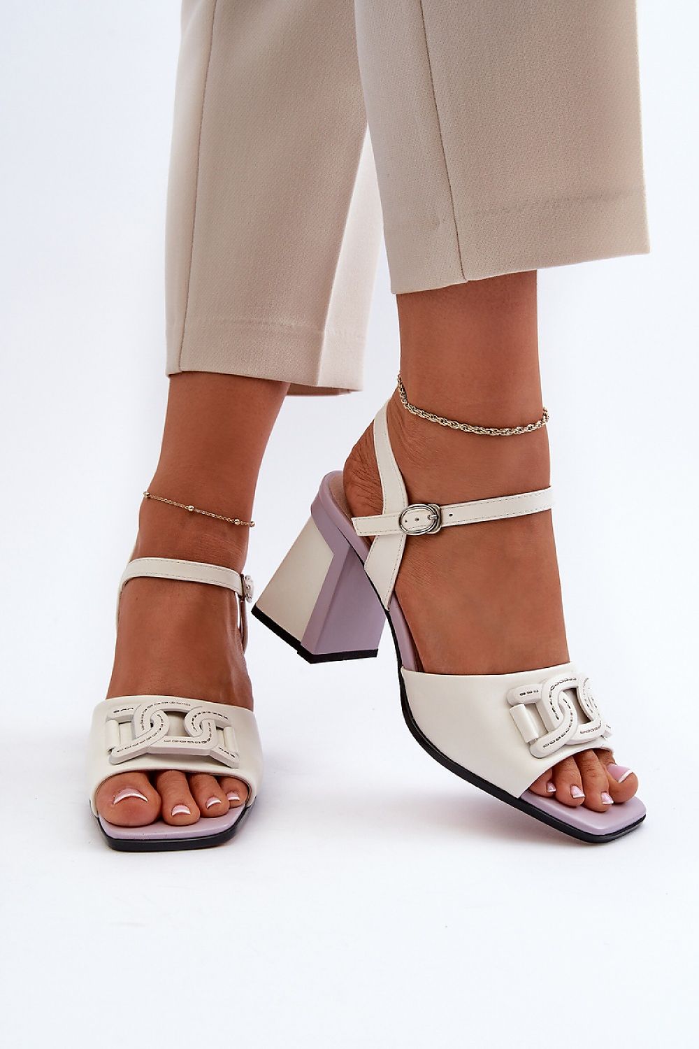 Stylish White Heeled Sandals with Adjustable Buckle Strap, crafted from eco-leather, perfect for any occasion.