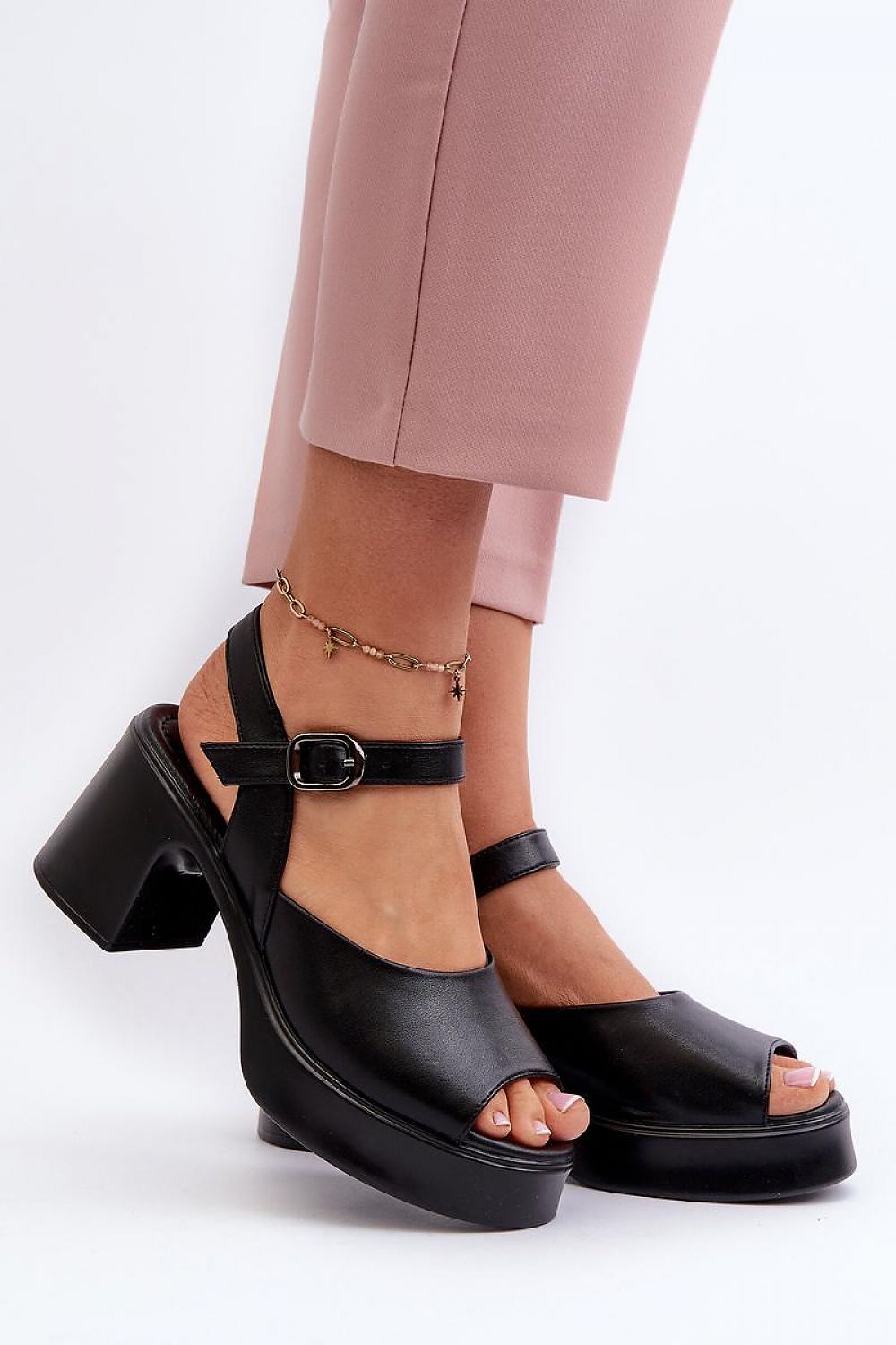 Vinceza Black Block Heel Sandals for Women in Genuine Leather with adjustable buckle for comfort and style.