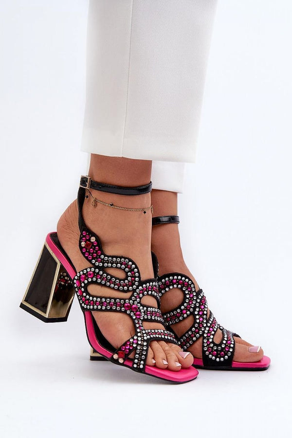 Stylish Elegant Sandal Heels with Adjustable Buckle Strap, featuring embellishments and a comfortable block heel.