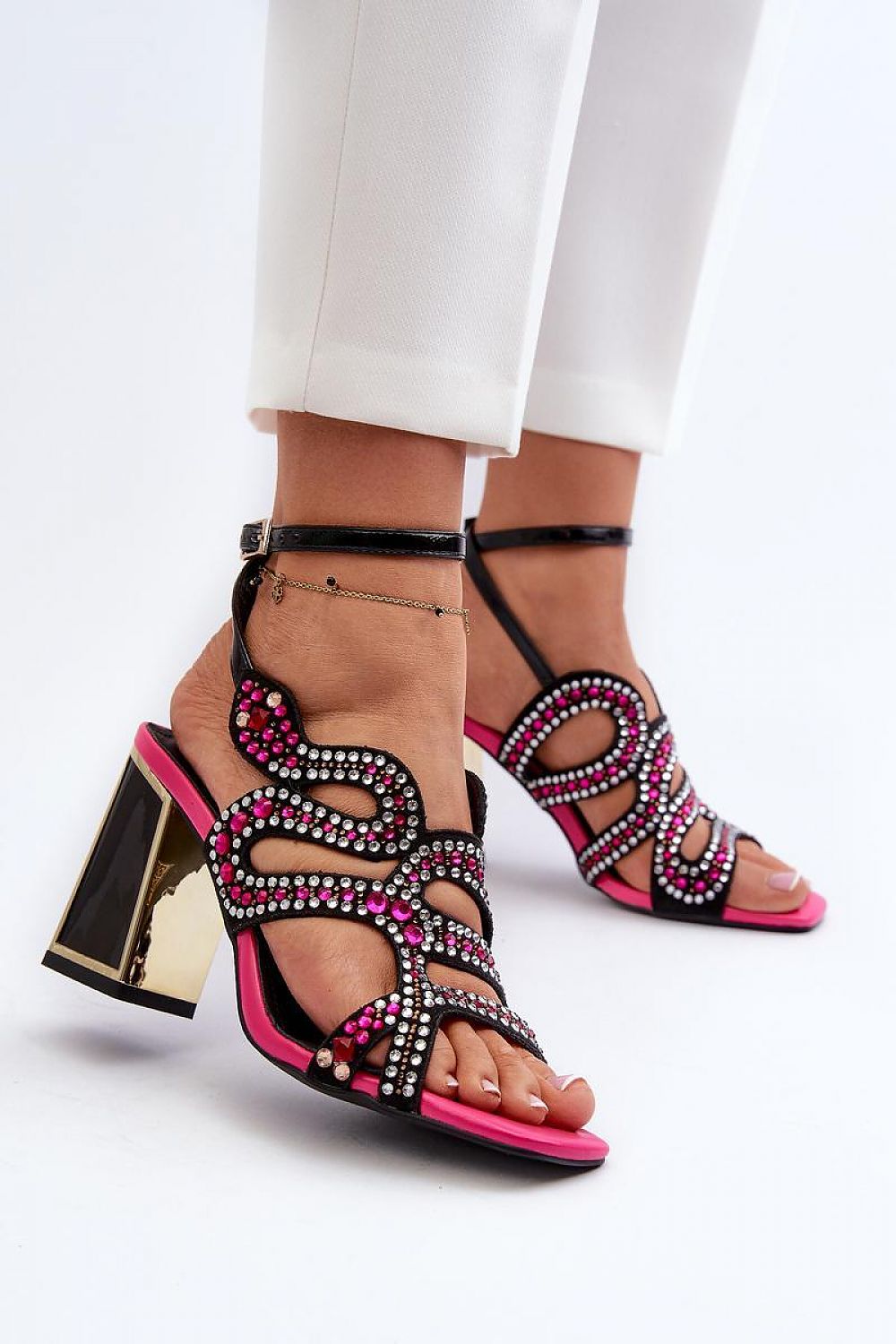 Stylish Elegant Sandal Heels with Adjustable Buckle Strap, featuring embellishments and a comfortable block heel.