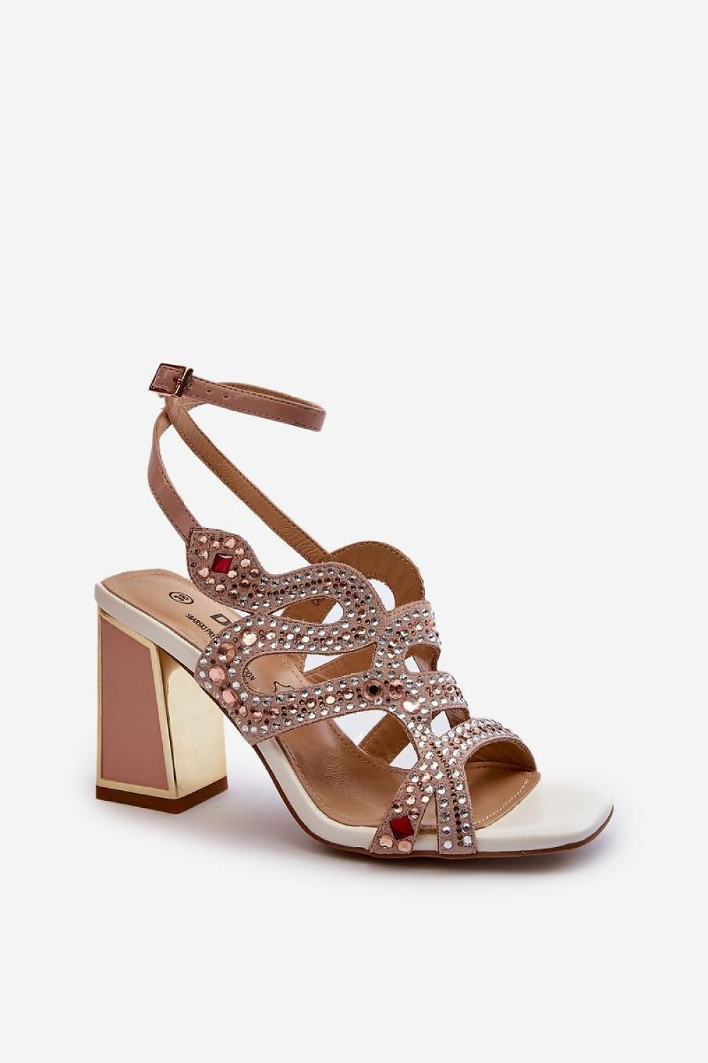 Elegant Sandal Heels with Adjustable Buckle Strap featuring embellishments and a comfortable block heel for stylish wear.