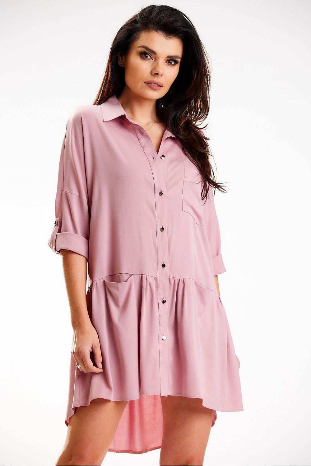 Chic Long Sleeve Midi Dress with Buttoned Roll-Up Sleeves features gold buttons, perfect for casual or work settings.