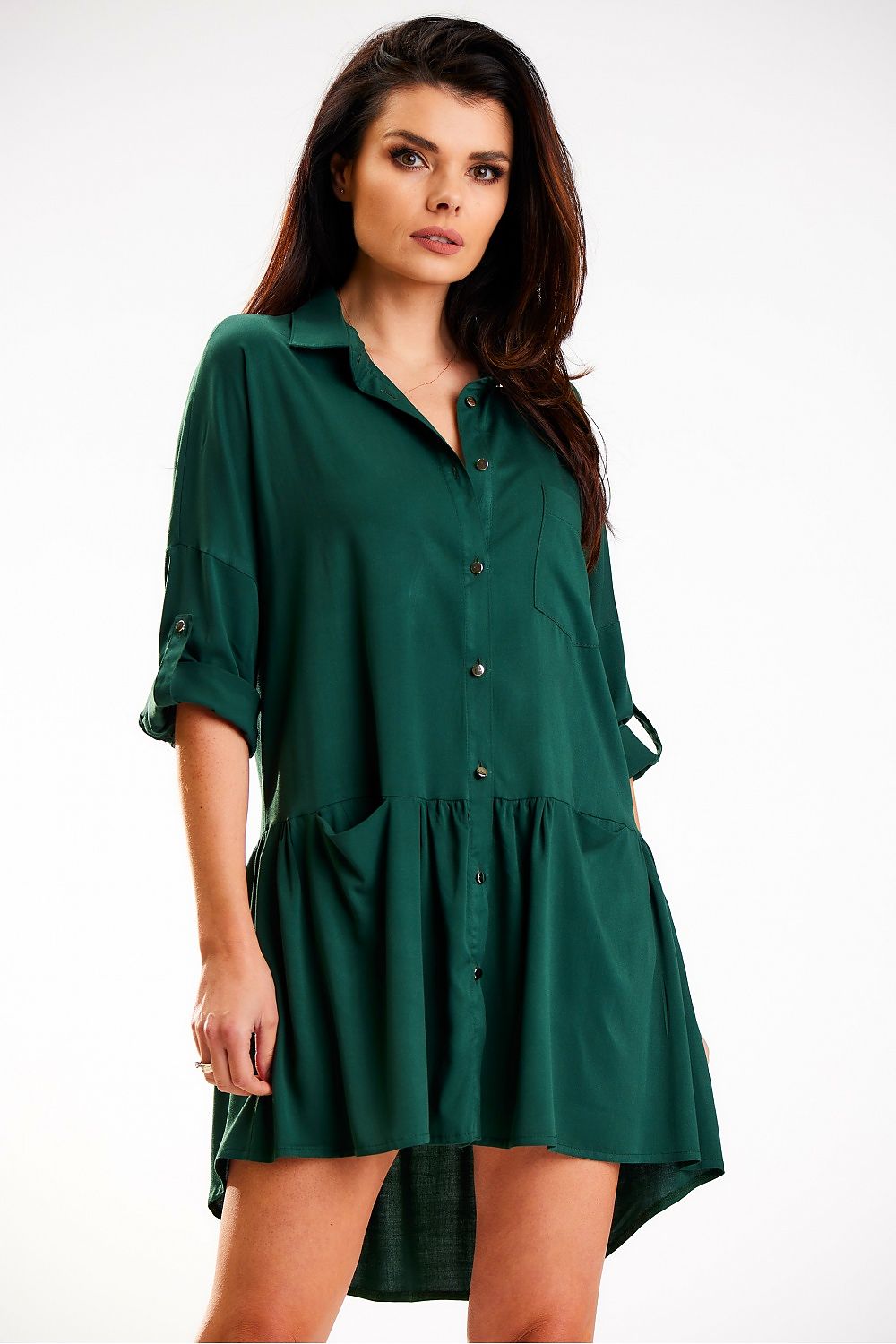 Stylish Chic Long Sleeve Midi Dress with Buttoned Roll-Up Sleeves, perfect for work or casual outings at your favorite store.