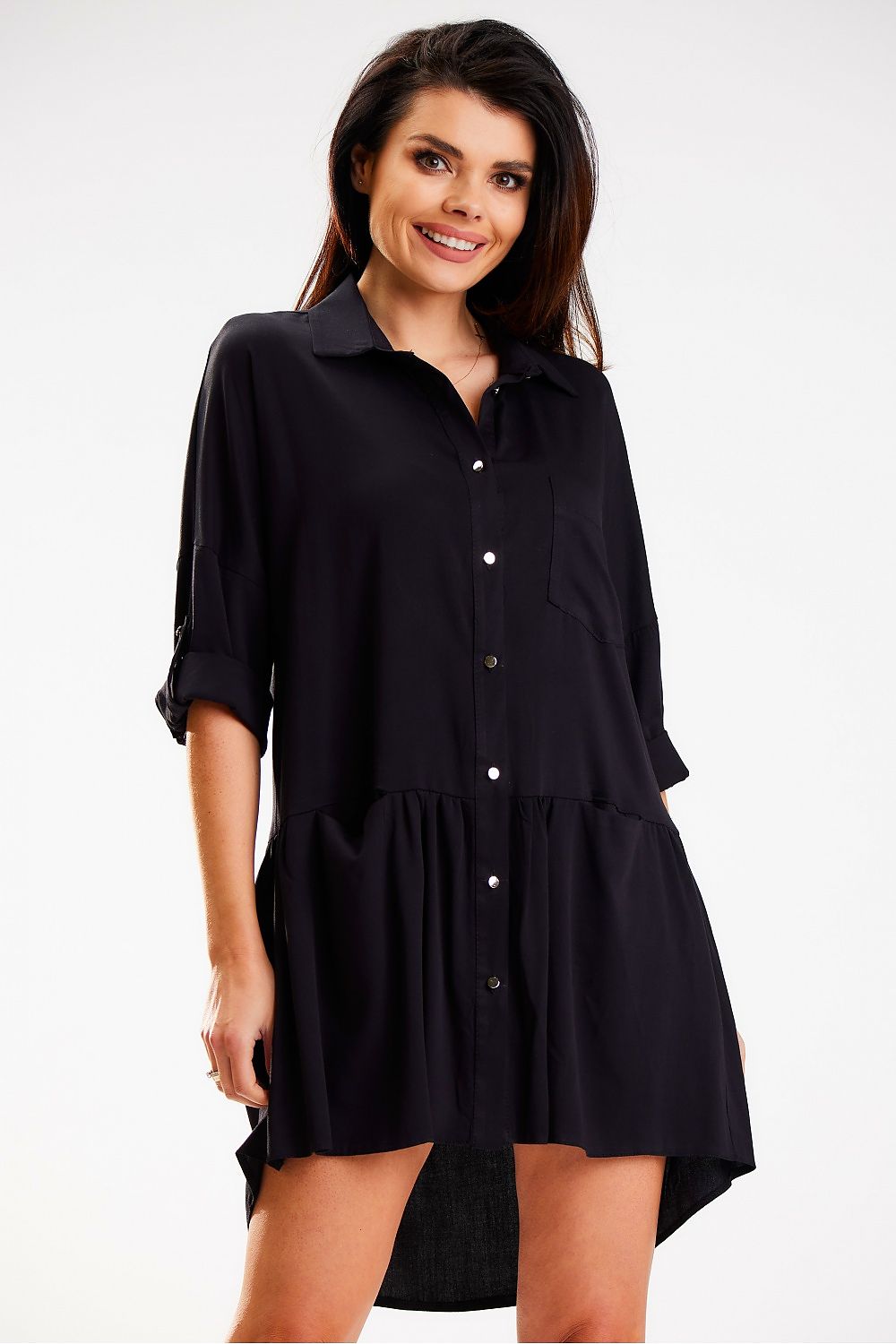 Chic Long Sleeve Midi Dress with Buttoned Roll-Up Sleeves, featuring gold buttons and versatile style for any occasion.