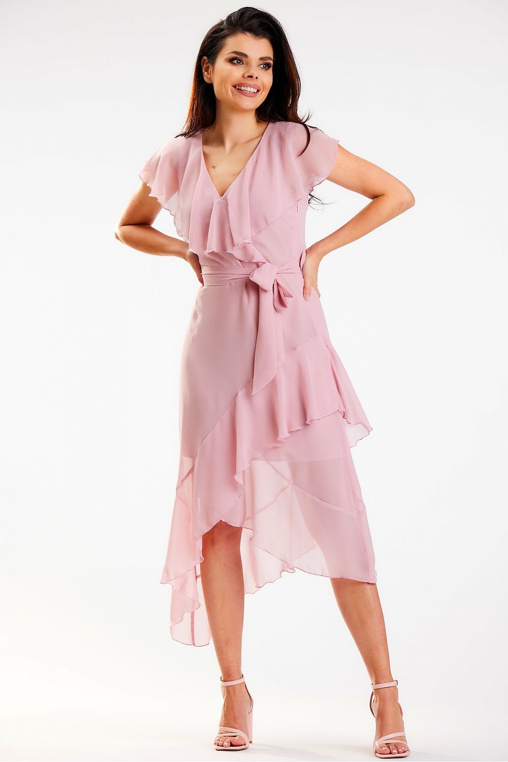 Elegant V-neck Sleeveless Midi Dress features a ruffled hem and neckline, perfect for any occasion at [Store Name].