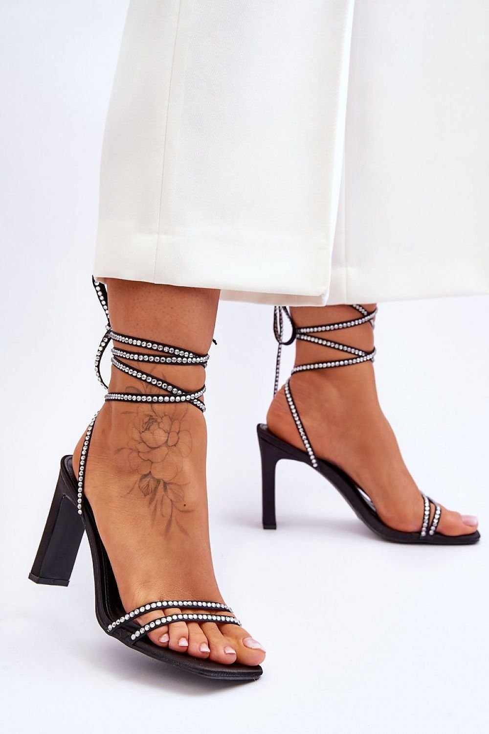 Stylish Strappy High Heel Sandals with Rhinestones for Women, featuring a chic design and comfortable eco leather insole.