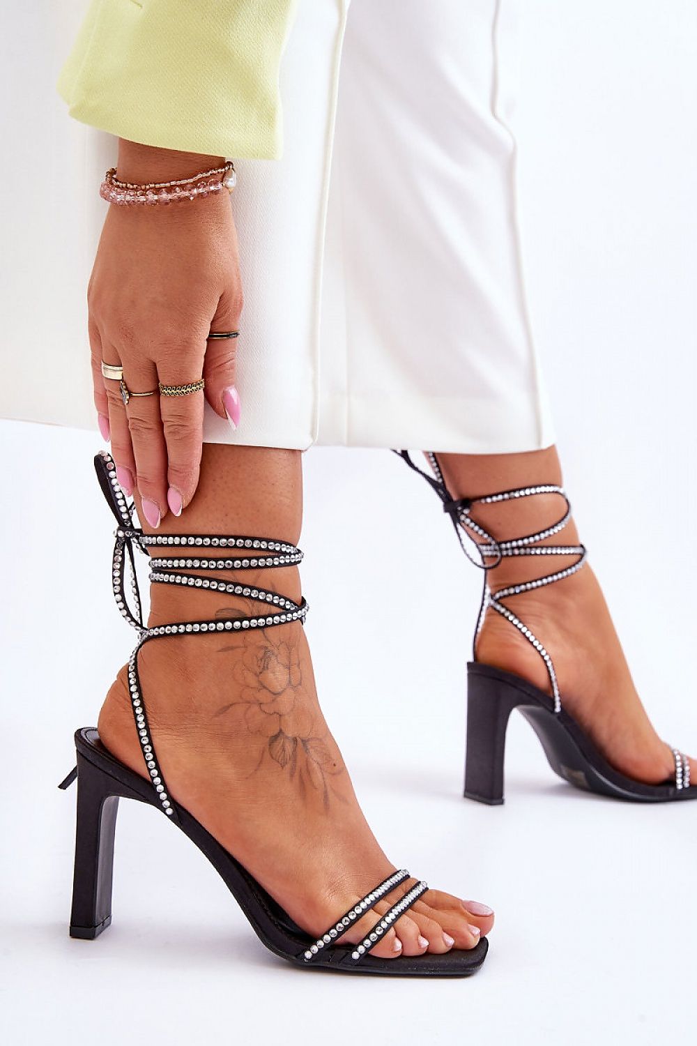 Stylish Strappy High Heel Sandals with Rhinestones for Women, featuring an elegant design and comfortable eco leather insole.