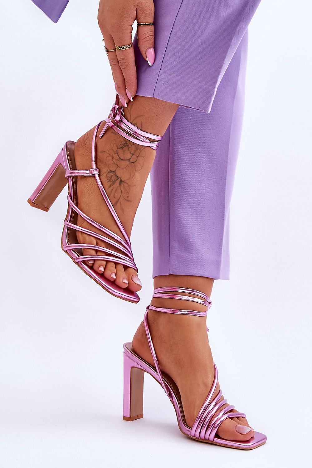 Stylish Elegant Strappy Heeled Sandals with Eco Leather and Flat Heel - Pink, perfect for summer by your store name.