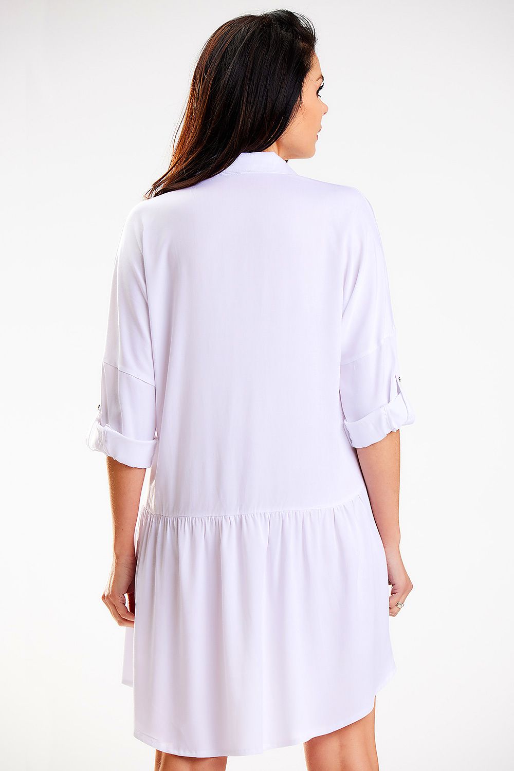 Stylish Chic Long Sleeve Midi Dress with Buttoned Roll-Up Sleeves, perfect for work or casual outings.