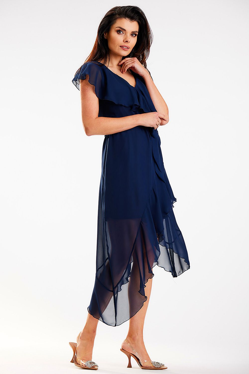 Elegant V-neck Sleeveless Midi Dress with ruffles and an asymmetrical cut, perfect for any occasion at your favorite store.