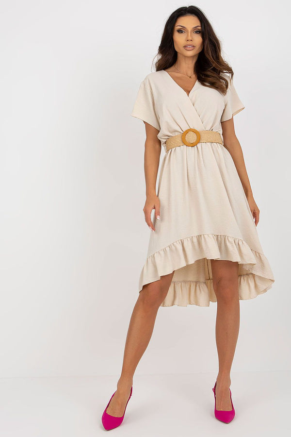 Stylish Short Sleeve Summer Midi Dress with Frill and Belt, perfect for turning heads this season. Ideal for any occasion!