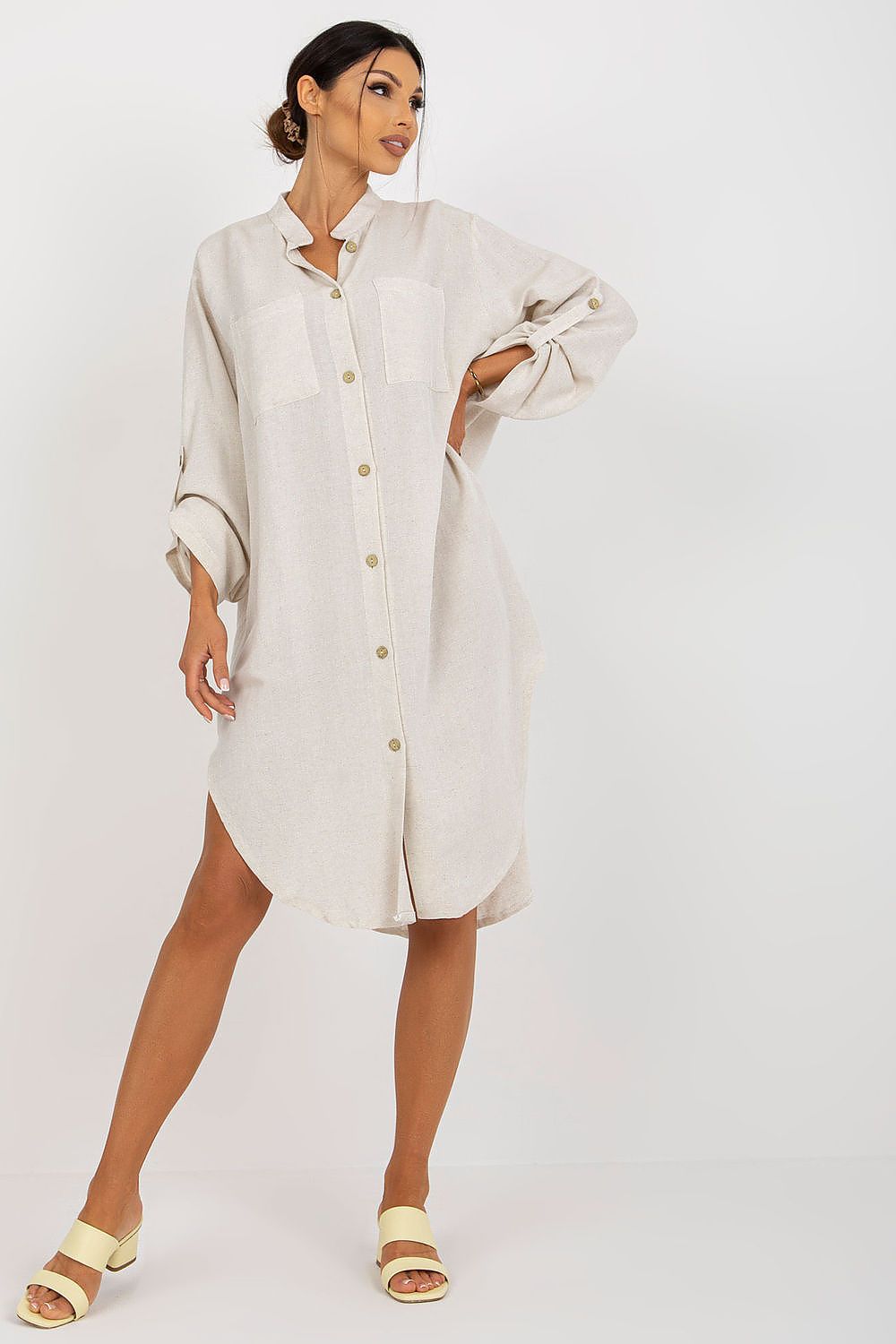 Stylish woman showcasing the Shirt-Cut Long Sleeve Midi Dress for Stylish Comfort, perfect for any occasion.