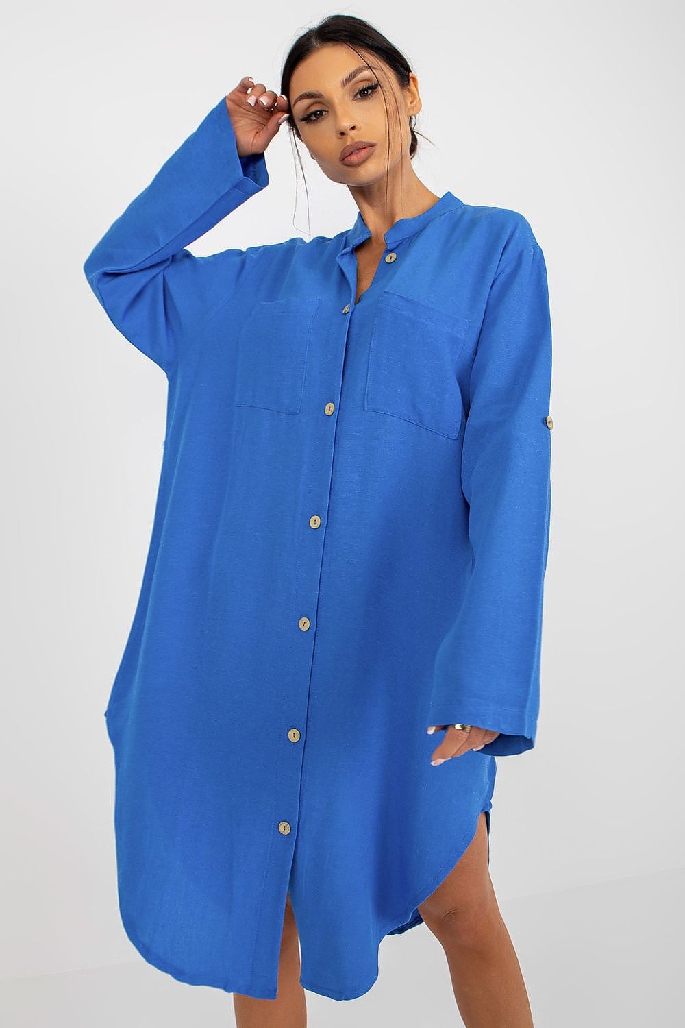 Bright blue Shirt-Cut Long Sleeve Midi Dress for Stylish Comfort, featuring a button-down design and stylish hem.