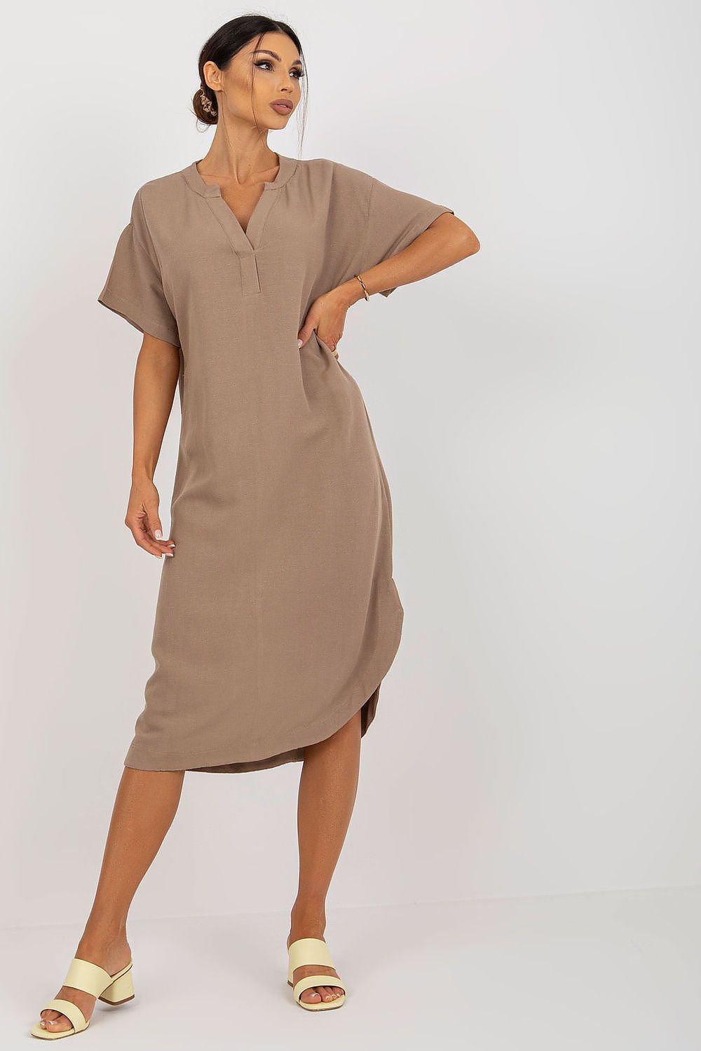 Stylish V Neck Short Sleeve Maxi Shirt Cut Dress with Slit, perfect for casual outings. Available now at [your store name].