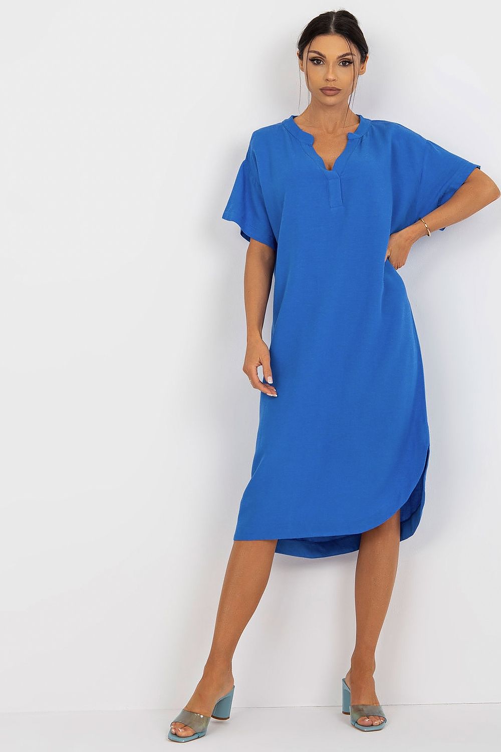 Stylish V Neck Short Sleeve Maxi Shirt Cut Dress with Slit, perfect for effortless summer elegance. Available now!