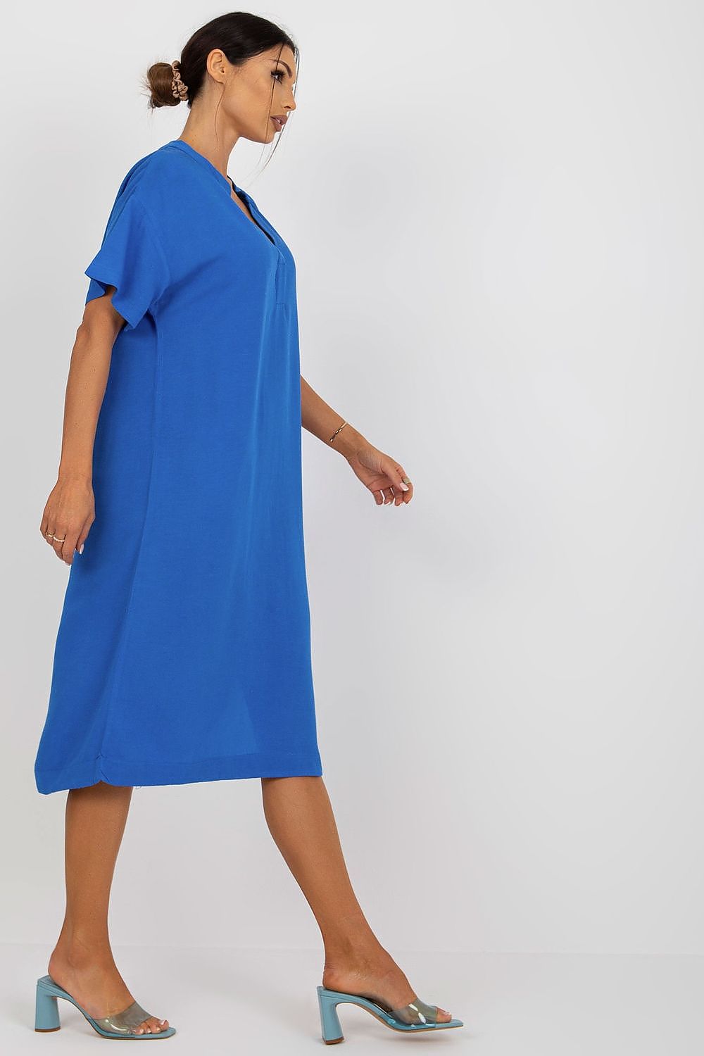 Stylish V Neck Short Sleeve Maxi Shirt Cut Dress with Slit, perfect for casual outings. Available at [Store Name].