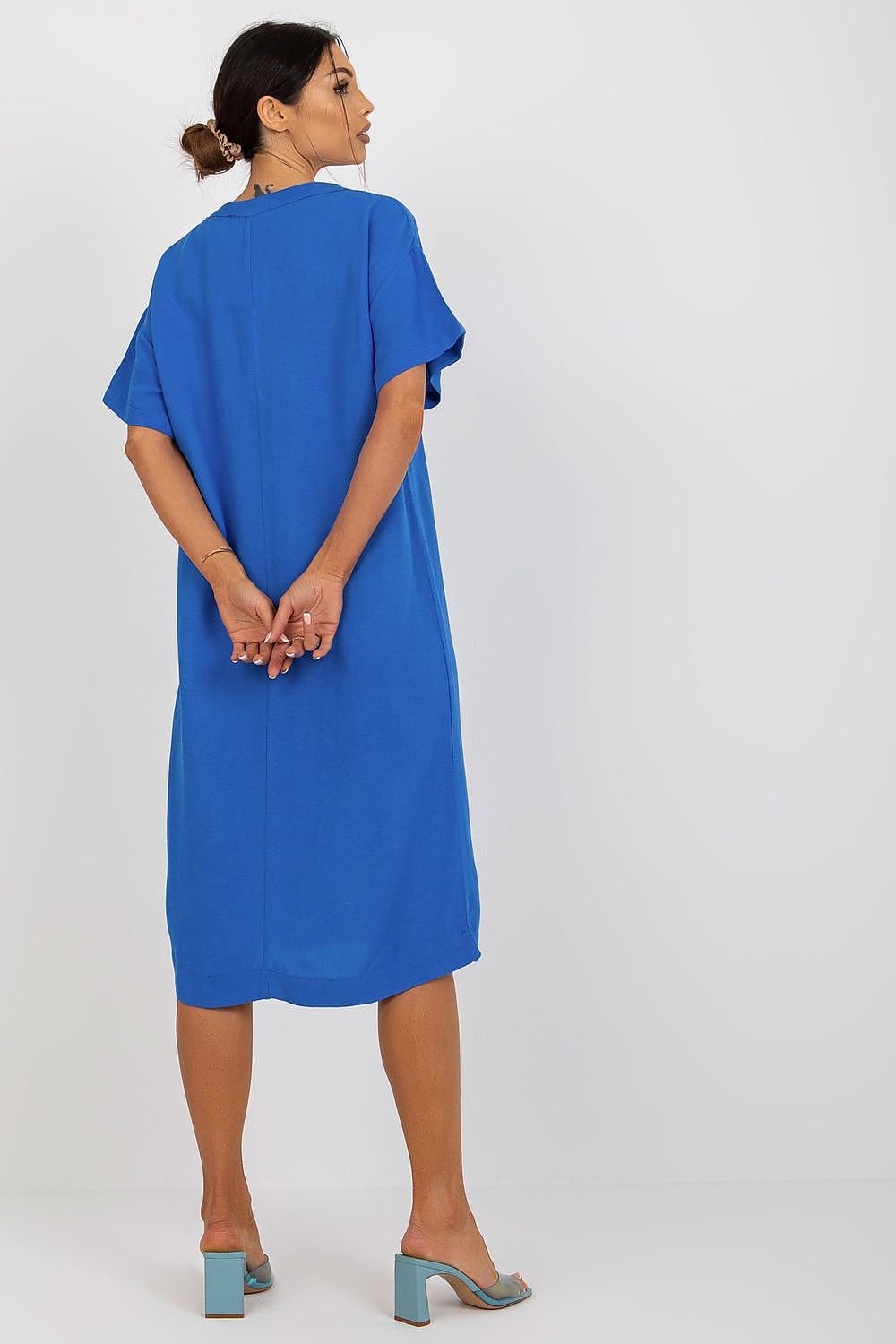 Stylish V Neck Short Sleeve Maxi Shirt Cut Dress with Slit, perfect for casual outings and made from soft cotton blend.