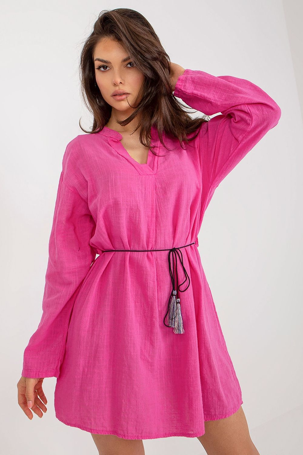 Stylish Long Sleeve Sammer Cotton Dress with Drawstring Waist in vibrant pink, perfect for casual or chic looks.