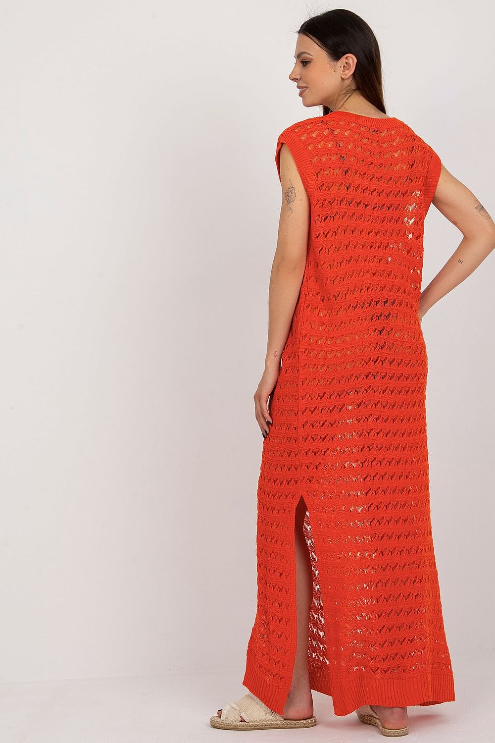 Stylish openwork knit dress in vibrant red, perfect for Beach Dresses for Vacation. Ideal for beach days and beyond.